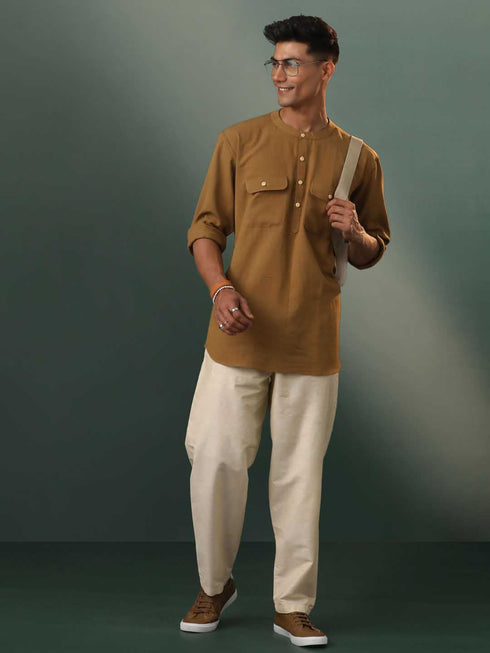 Vastramay Men's Beige Cotton Cool Short Kurta